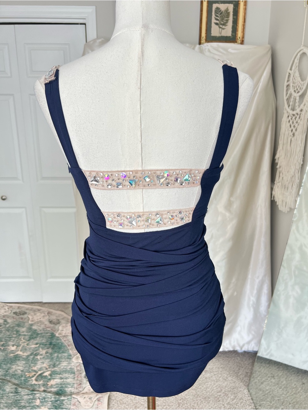 Y2K Navy Rhinestone Ruched Mini Dress - Picture 3 of 6